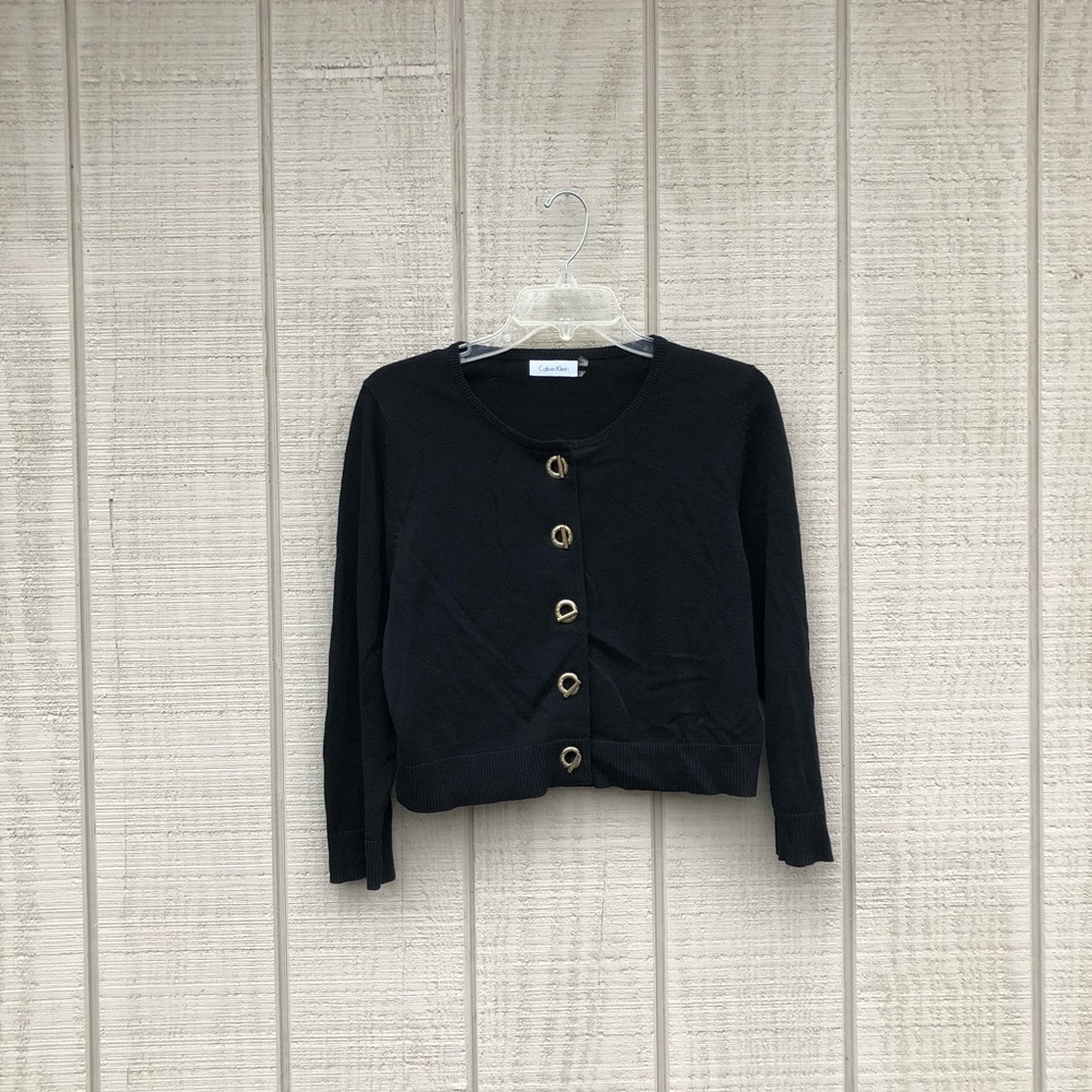 Calvin Klein black gold button cardigan sweater, L